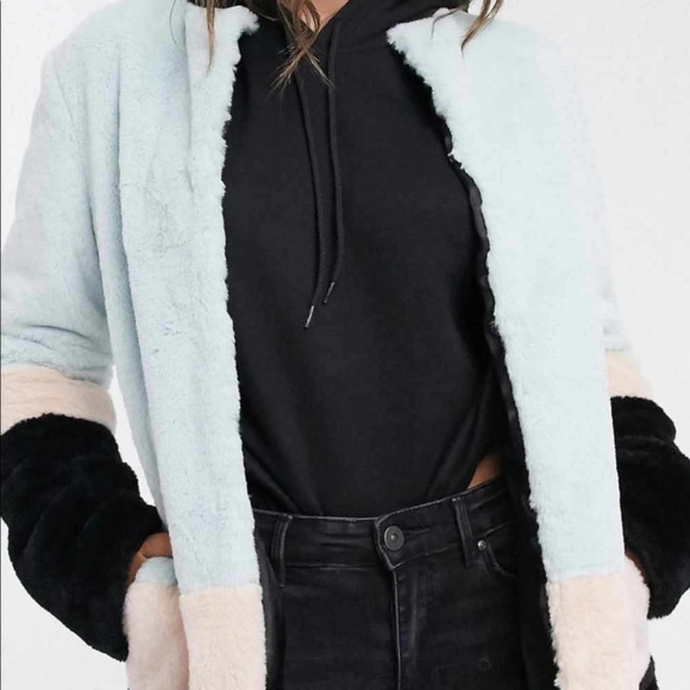 Barneys Originals faux fur coat in pastel color block blue pink black SZ 14 - XL
